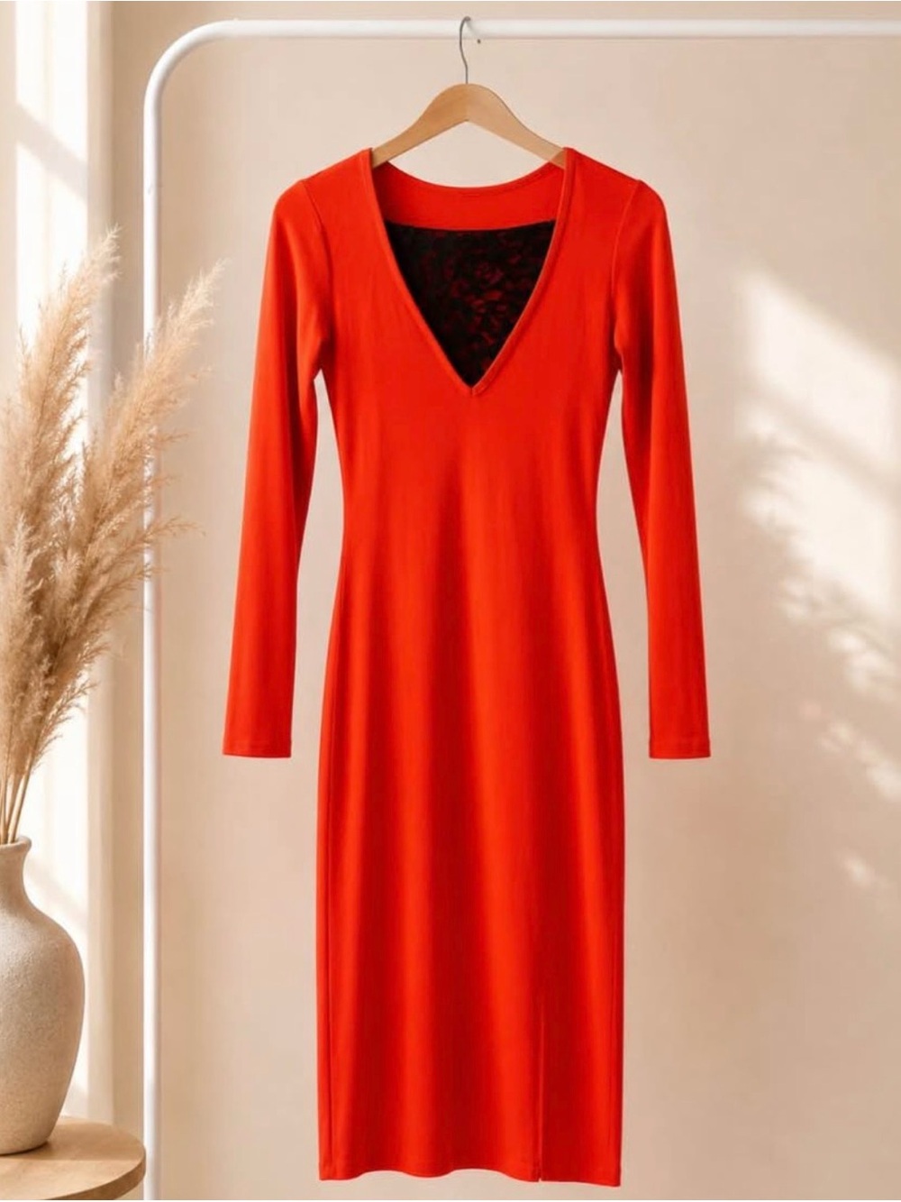 Heart & Hips Red V-Neck Long Sleeve Midi Dress